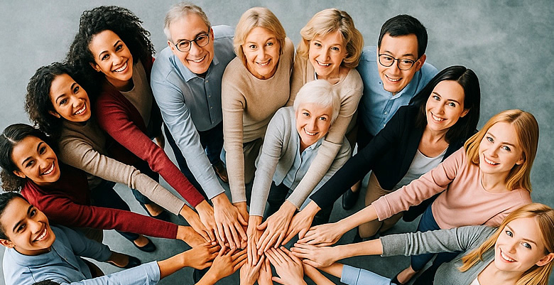 People standing in a circle with hands in the center