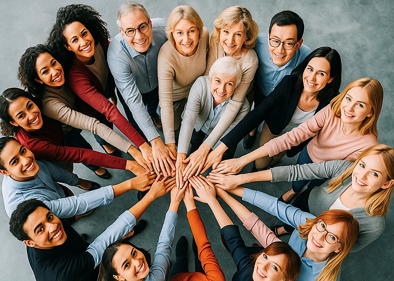 People standing in a circle with hands in the center